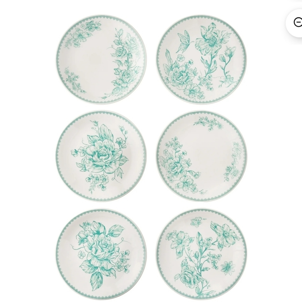 💕 2025 Pioneer Woman Agatha Green Floral Appetizer Plate Set Of 6